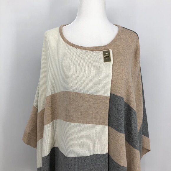 Calvin Klein Colorblock Poncho Creme grey  and Ivory neutral tones gold clasp OS - Picture 7 of 16